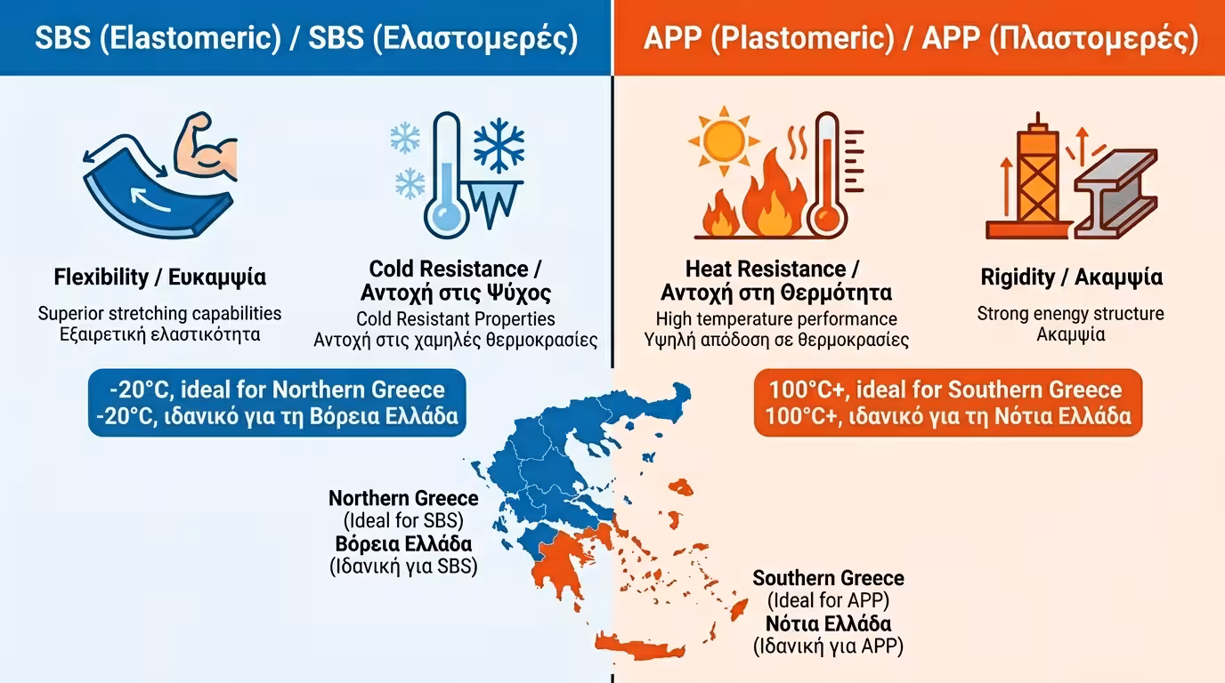 SBS ελαστομερή vs APP πλαστομερή ασφαλτόπανα
