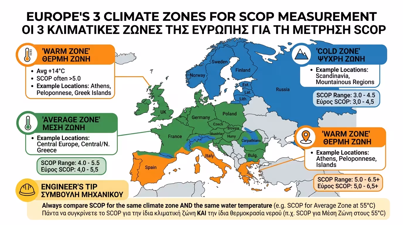 SCOP εποχιακός βαθμός απόδοσης - 3 κλιματικές ζώνες Ευρώπης