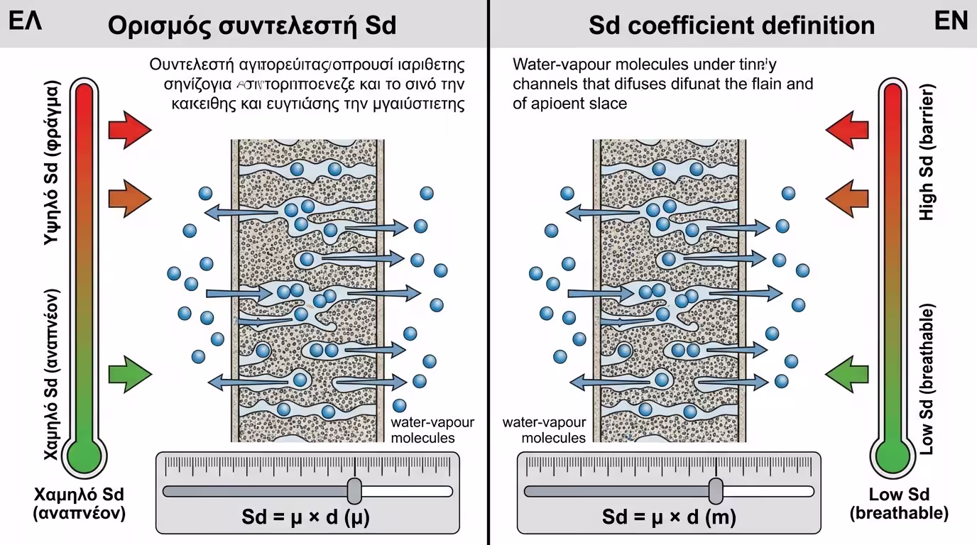 Ινφογκράφικ ορισμού του συντελεστή Sd - ισοδύναμο πάχος στρώματος αέρα ως προς τη διάχυση υδρατμών