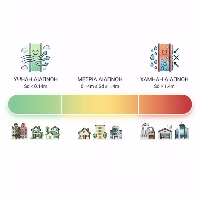 Κλίμακα τιμών Sd , από ανοικτή διάχυση (Sd<0.1) έως πλήρη φραγμό υδρατμών (Sd>100)
