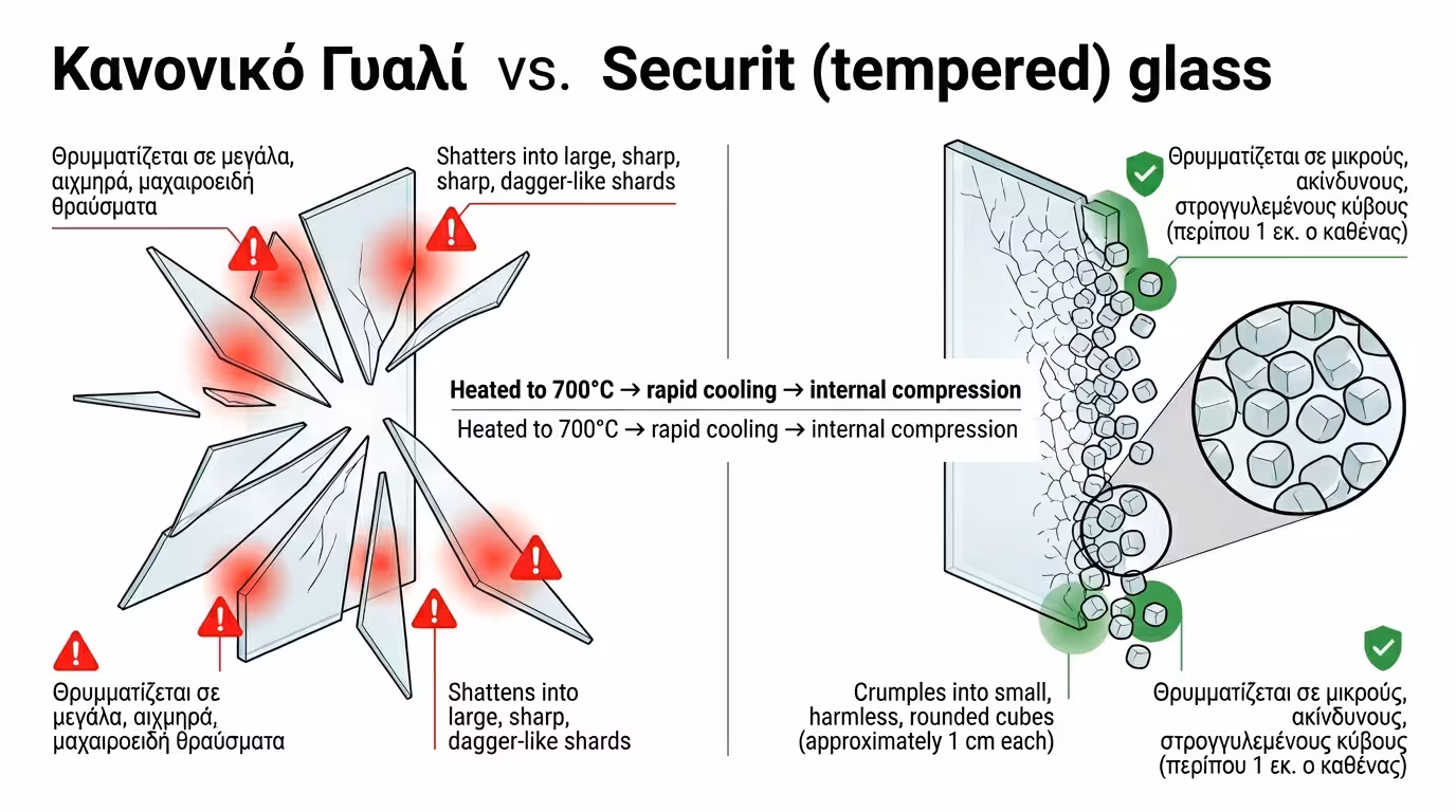 Τζάμι Securit (Tempered) - θρυμματισμός σε ακίνδυνα κομμάτια σαν χοντρό αλάτι