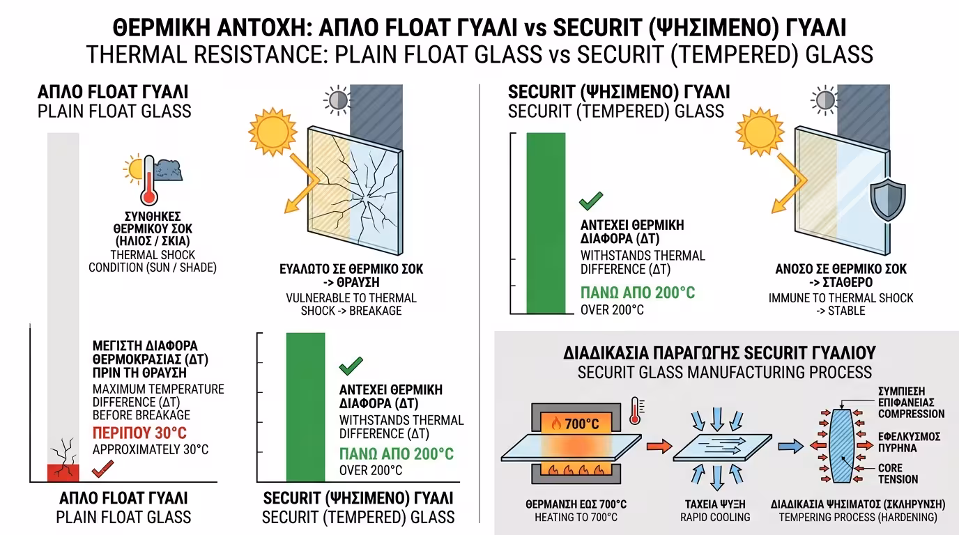 Υαλοπίνακας Securit - αντοχή σε θερμοκρασιακές διαφορές πάνω από 200°C