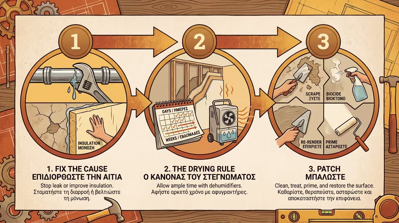 3 βήματα: σταματήστε αιτία, στεγνώστε, μερεμέτι