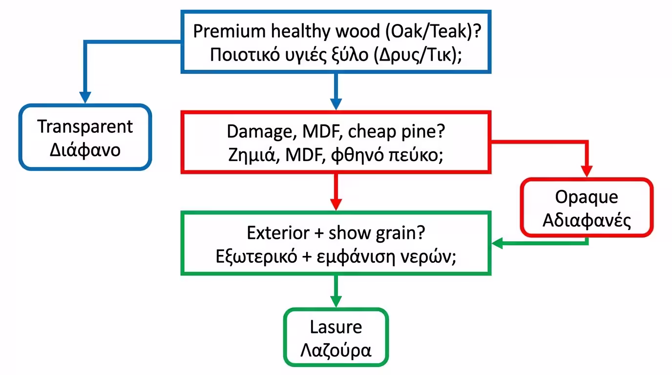 Δέντρο απόφασης: ακριβό ξύλο → διαφανές, φθορές/MDF → καλυπτικό, εξωτερικό + νερά → lasure (ελληνικά και αγγλικά)