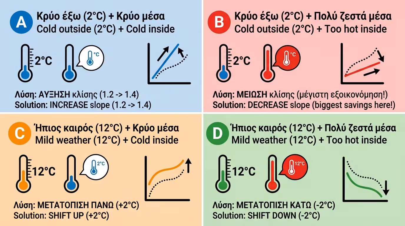 4 σενάρια ρύθμισης - κρύο/ζέστη, κλίση/μετατόπιση, οδηγός αντιμετώπισης