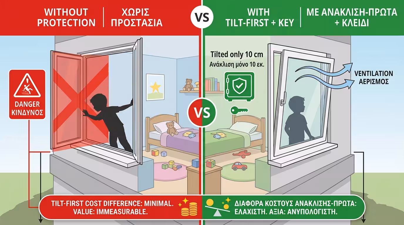 Σενάριο παιδί χερούλι ανάκλιση - ασφαλές παράθυρο Tilt-First