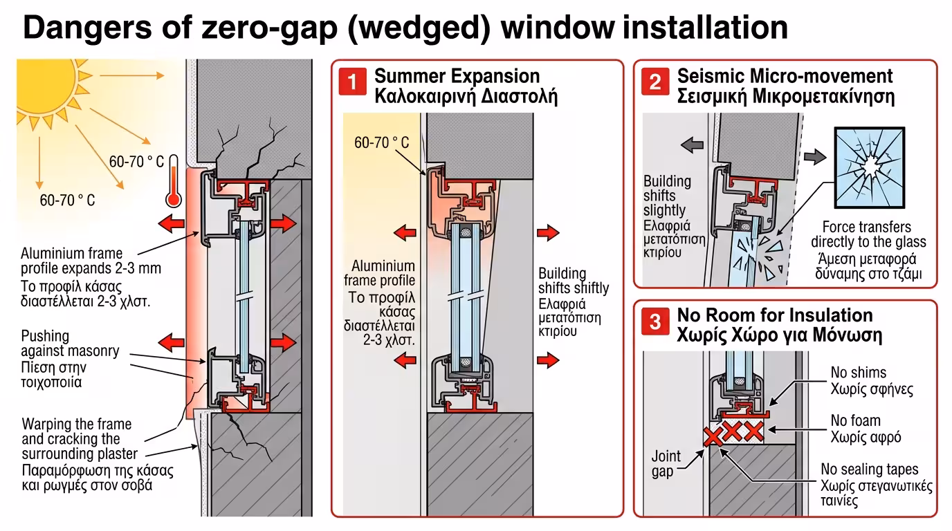 Κούφωμα σφηνωμένο στον τοίχο χωρίς κενό - κίνδυνος από διαστολοδιαστολές