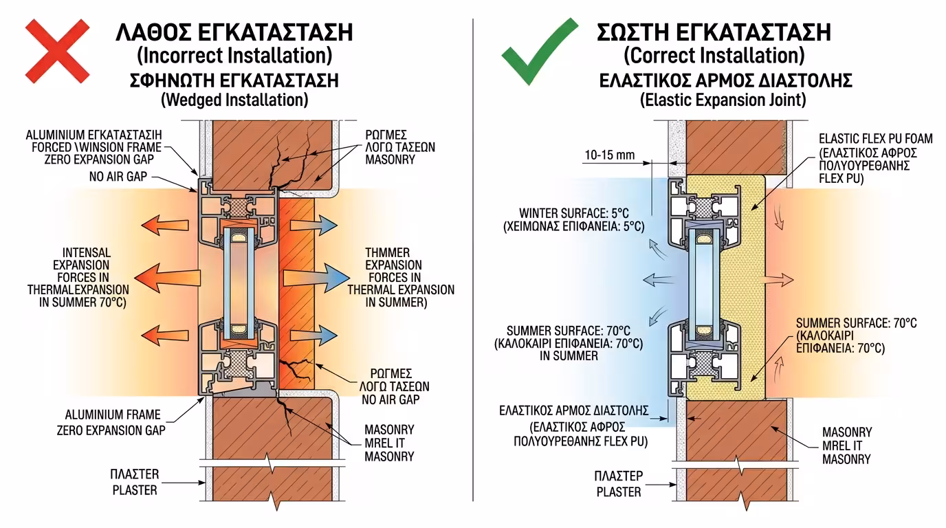 Σφηνωτή τοποθέτηση κουφώματος χωρίς κενό - ρωγμή σοβά, διαστολή αλουμινίου