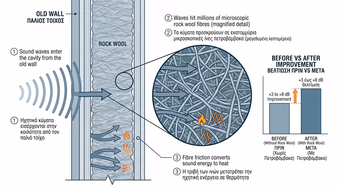 Πετροβάμβακας μέσα στο κενό - ίνες αμβλύνουν τον ήχο μετατρέποντάς τον σε θερμότητα