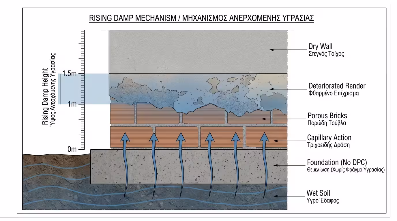 Μηχανισμός ανιούσας υγρασίας - νερό ανεβαίνει από θεμέλια