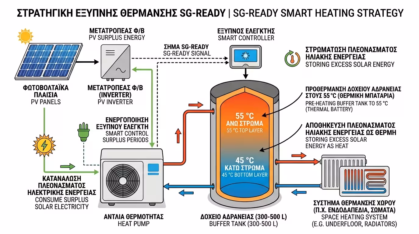 SG Ready, Buffer Tank ως θερμική μπαταρία και ΖΝΧ το μεσημέρι