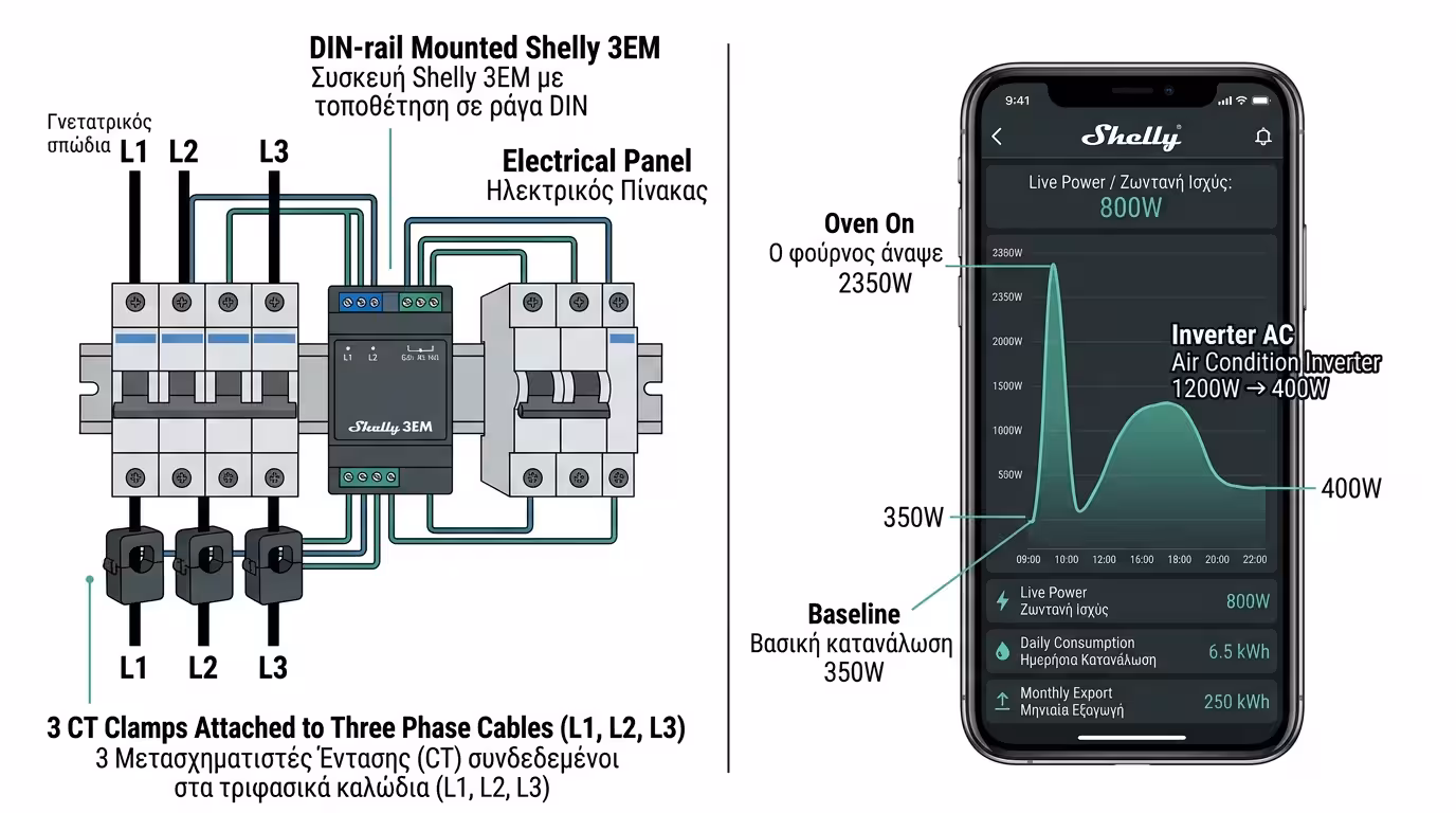 Shelly EM 3EM - μετρητής ράγας, κινητό, live γράφημα κατανάλωσης
