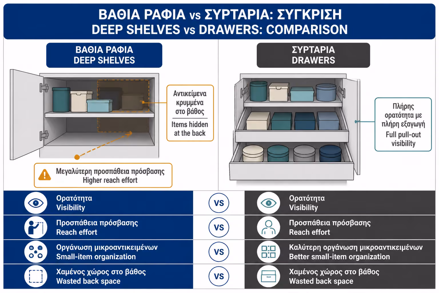 Εικονογράφηση για 5. Βαθιά ράφια ή συρτάρια; Η εργονομία της πρόσβασης