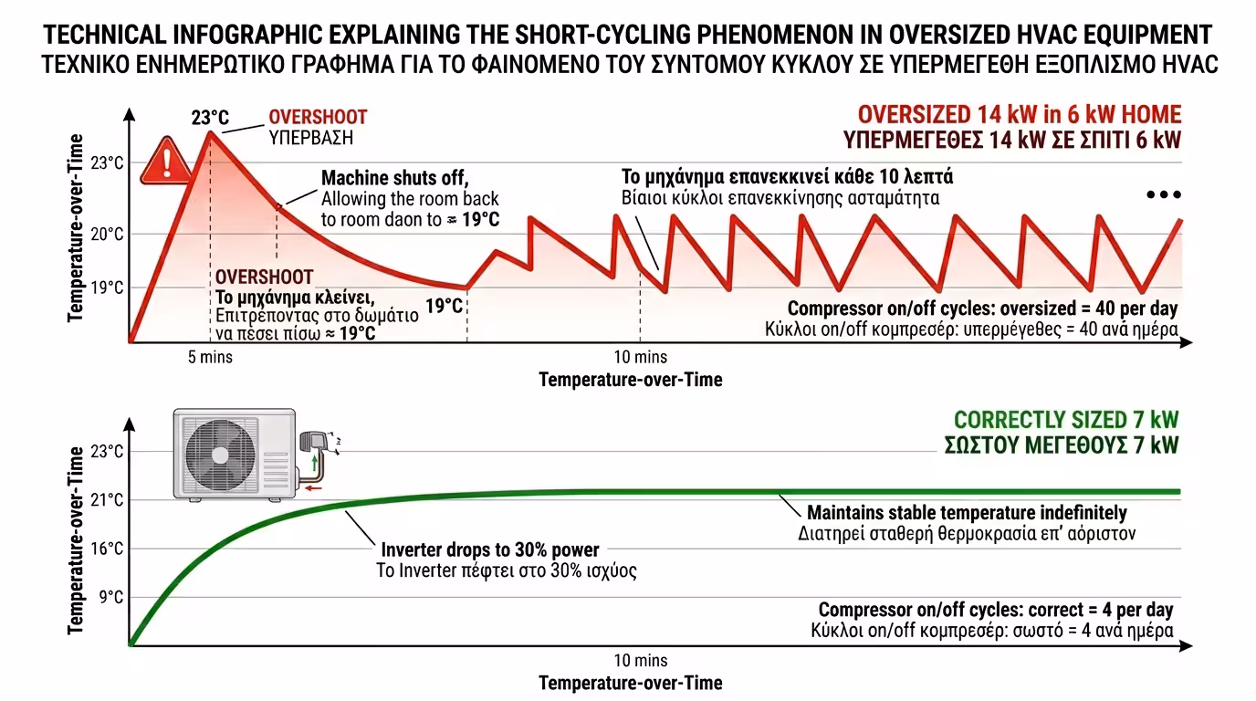 Short-cycling - άναψε-σβήσε κάθε 10 λεπτά, Inverter, overshoot θερμοκρασίας, 14kW σε σπίτι 6kW