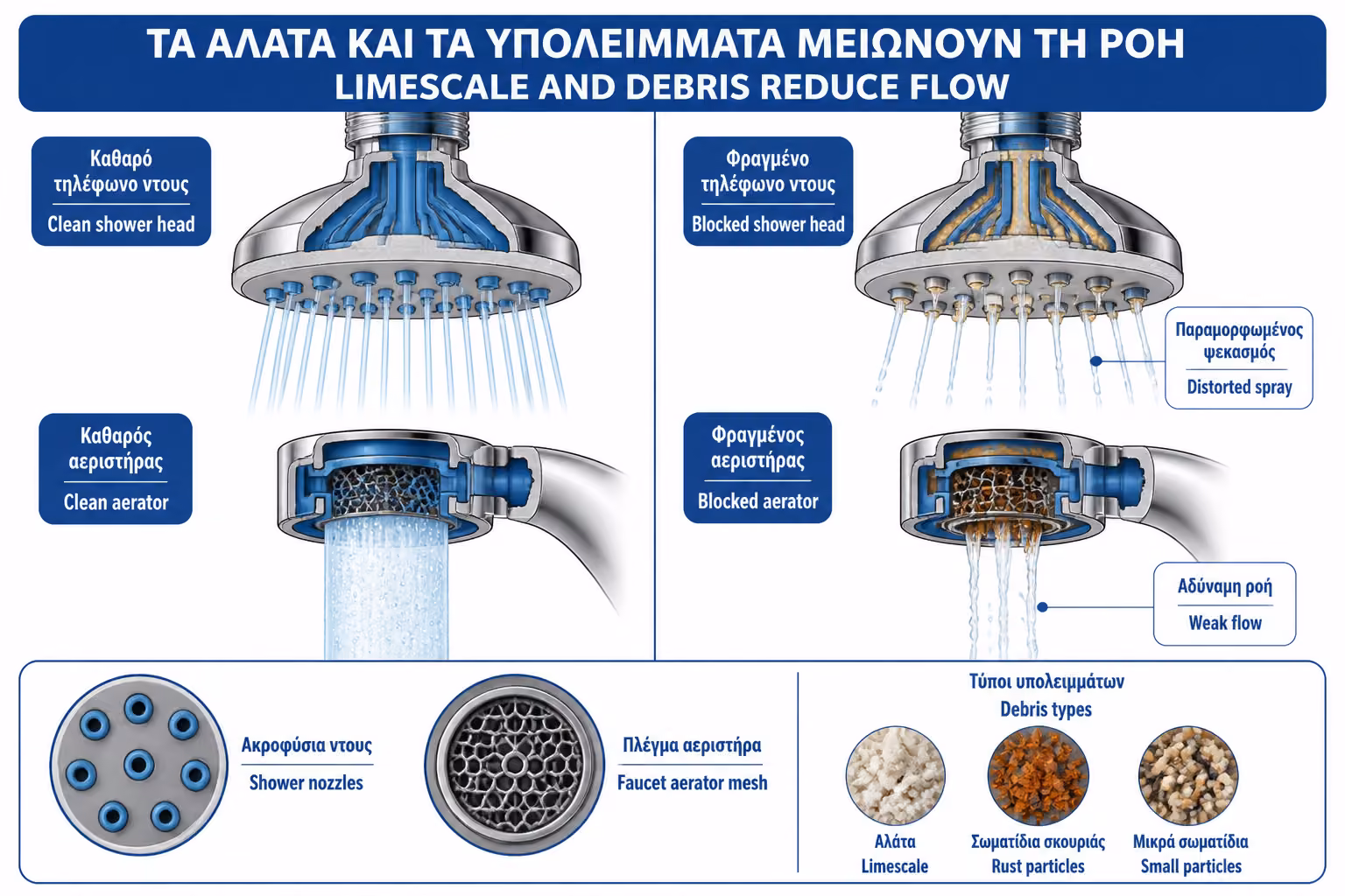 Κεφαλή ντους με άλατα και μειωμένη απόδοση ροής