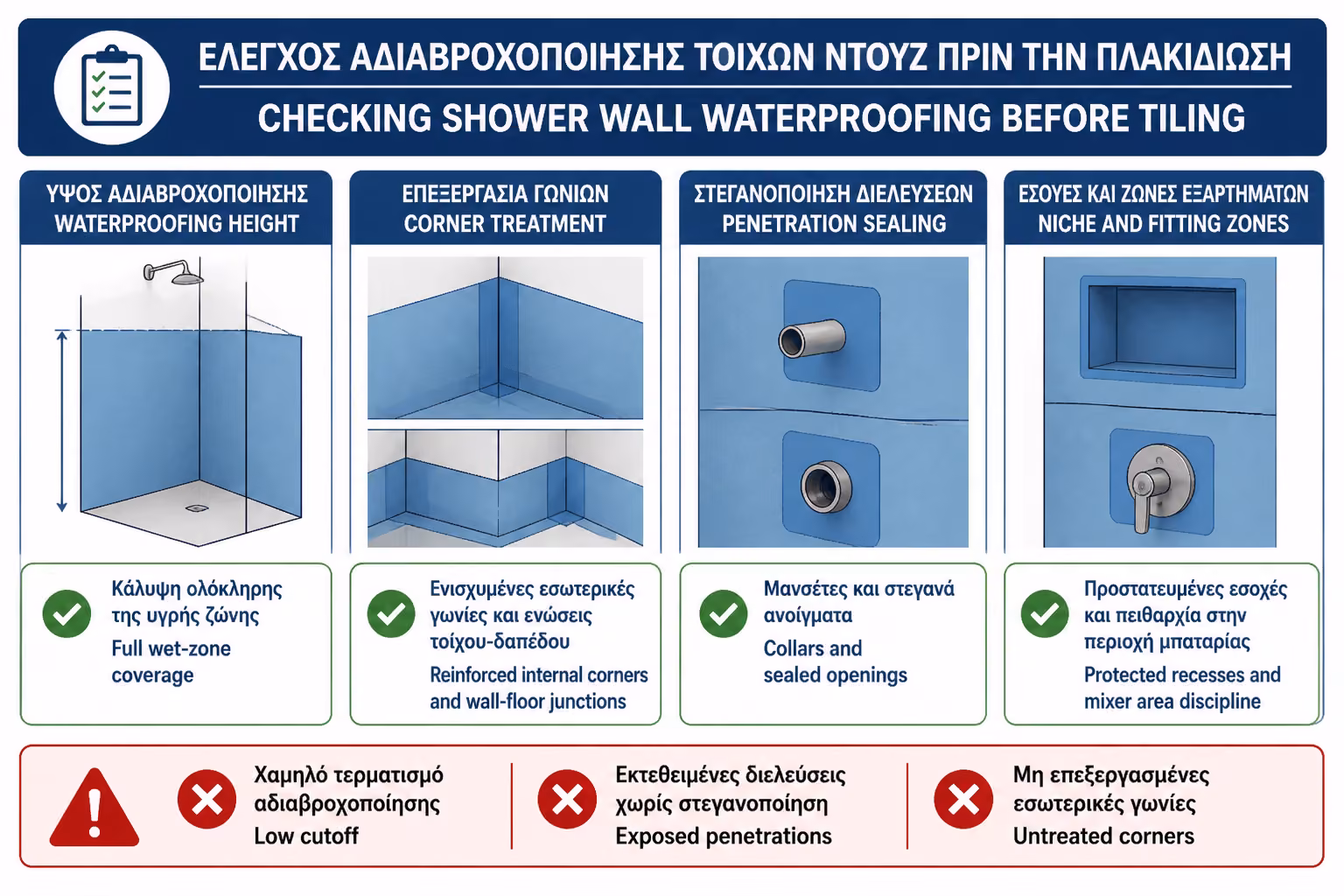 Εικονογράφηση για 17. Πρακτικό checklist πριν μπουν τα πλακάκια στους τοίχους της ντουζιέρας