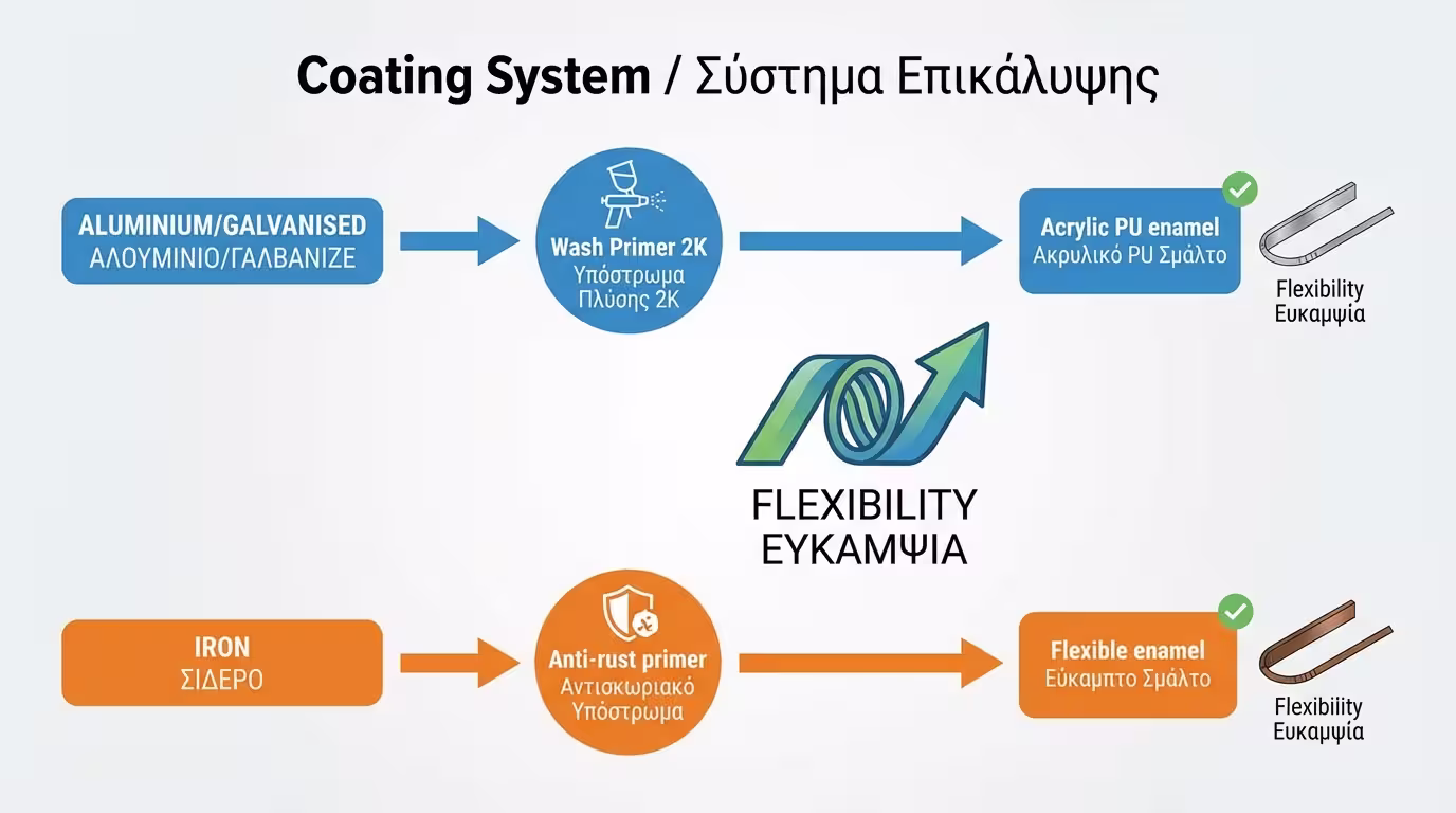Ινφογκράφικ: Wash Primer για αλουμίνιο/γαλβανιζέ, αντισκωριακό αστάρι για σίδηρο, ελαστικό ακρυλικό PU τελικό.