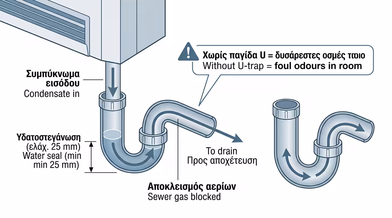 Σιφώνι U-trap στην αποχέτευση Fan Coil - υδατοφράκτης που εμποδίζει τα αέρια του βόθρου