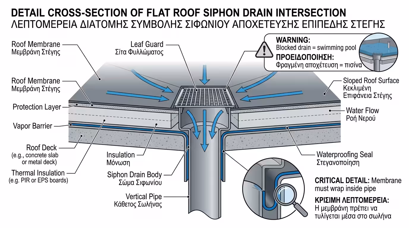 Σιφώνι υδρορροής - σίτα φύλλων, στεγανοποίηση γύρω από στόμιο