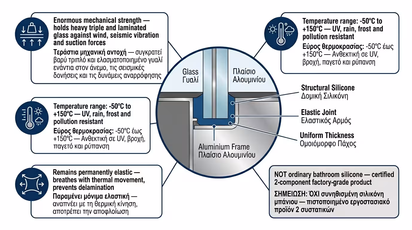 Λεπτομέρεια δομικής σιλικόνης δύο συστατικών - ελαστική πρόσδεση υαλοπίνακα σε αλουμίνιο