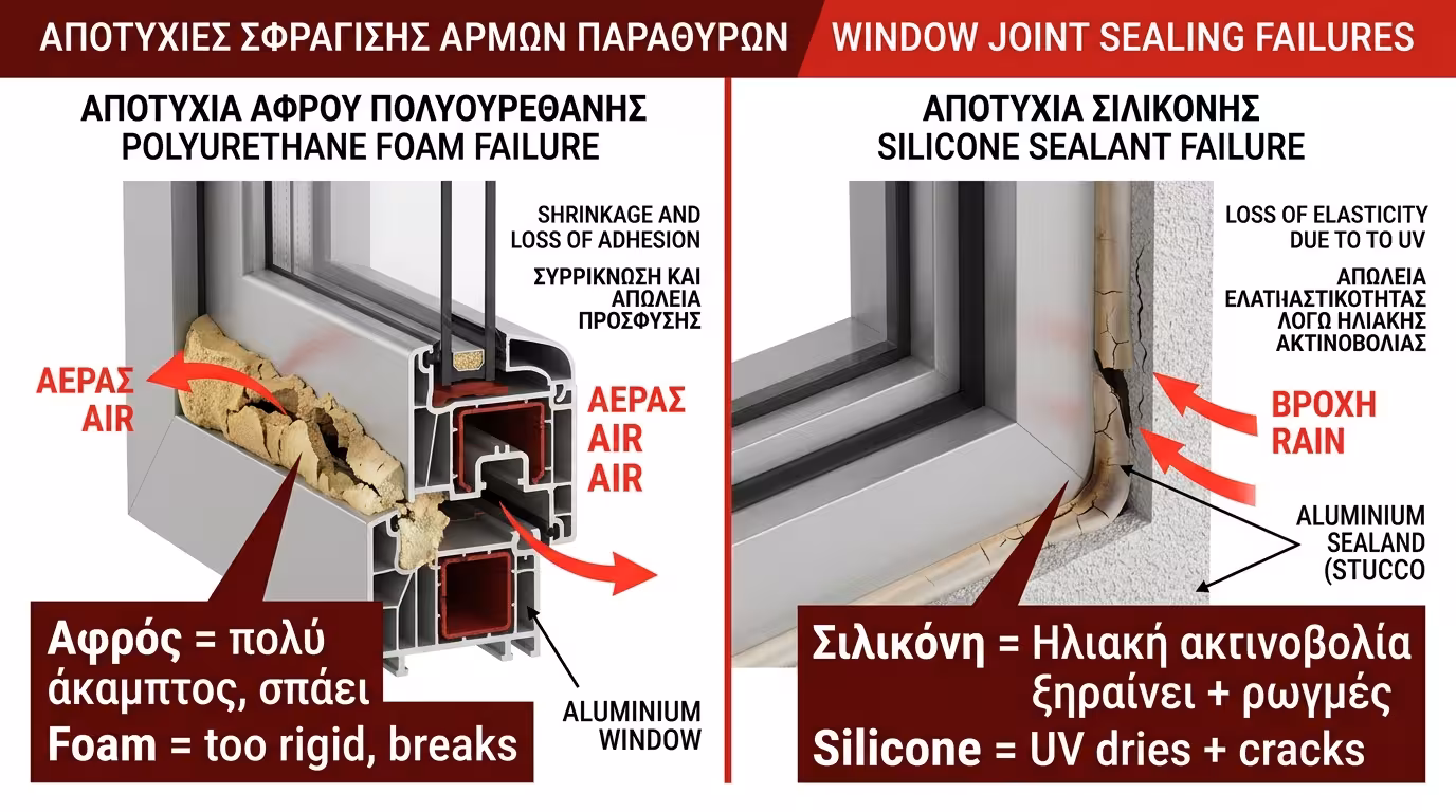 Σιλικόνη ξεραμένη και σκασμένη γύρω από παράθυρο