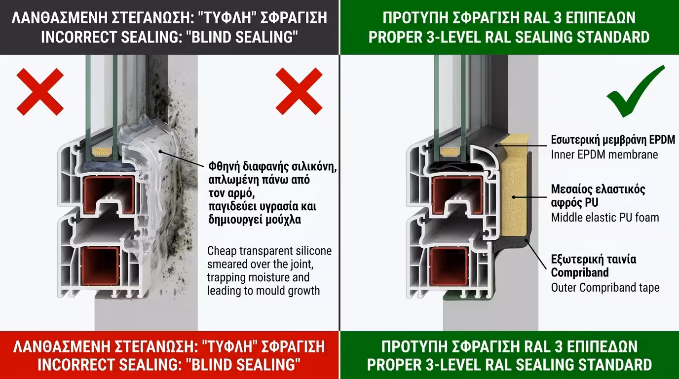Τυφλή σφράγιση με σιλικόνη μέσα-έξω - μούχλα στον αρμό κουφώματος