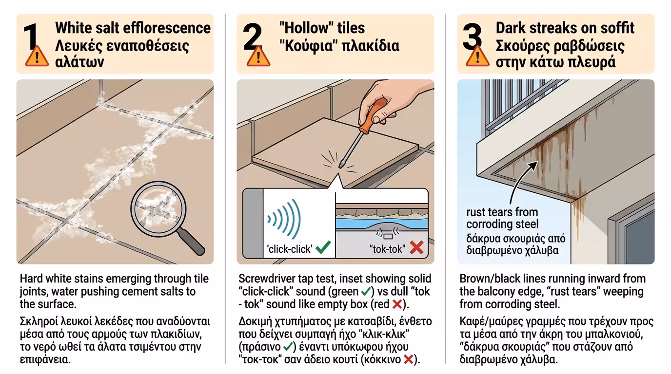 3 σημάδια κινδύνου - λευκά άλατα, κούφια πλακάκια, σκούρες γραμμές