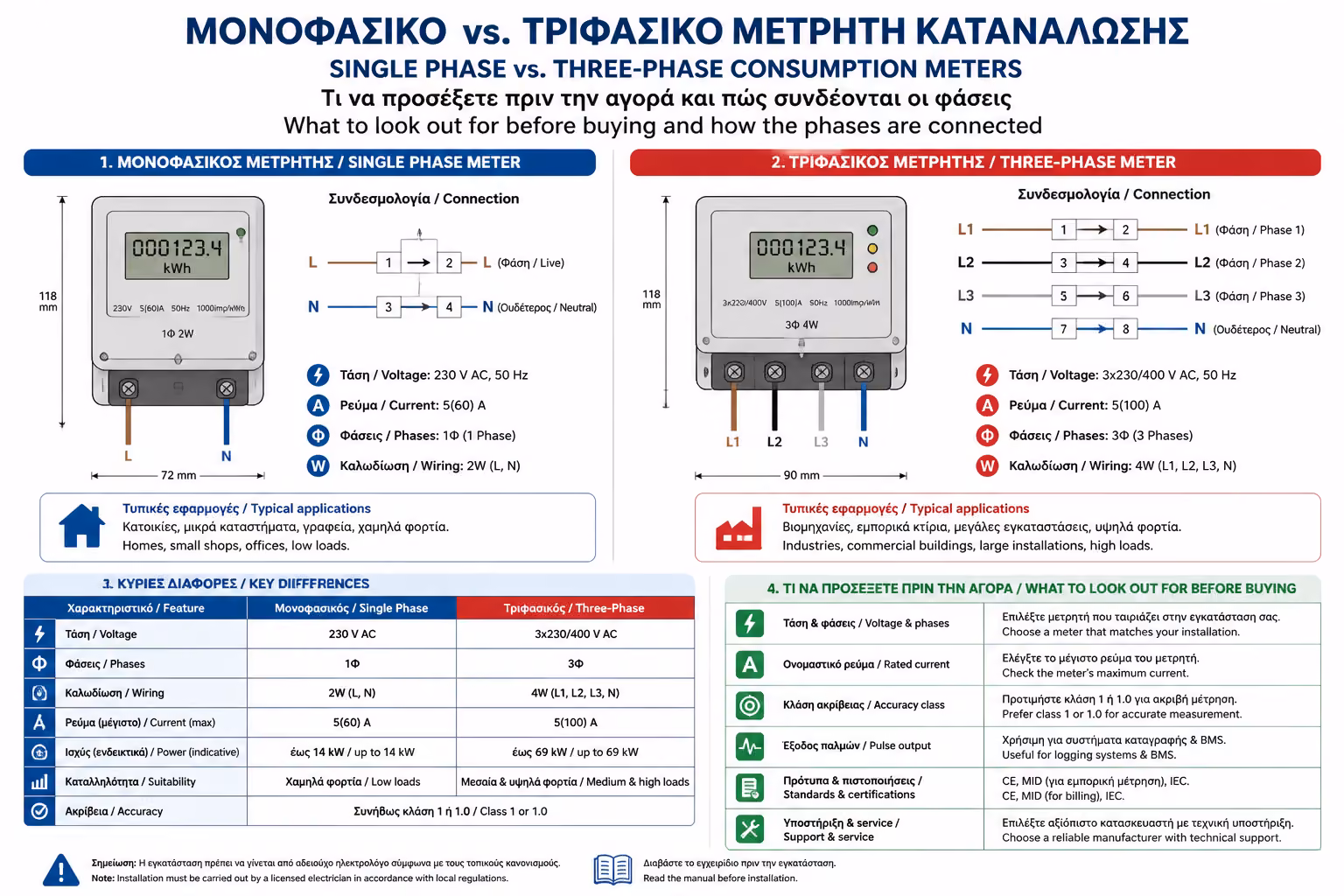 Εικονογράφηση για 1. Μονοφασικός Μετρητής σε Τριφασικό Πίνακα: Ένα Συχνό Λάθος