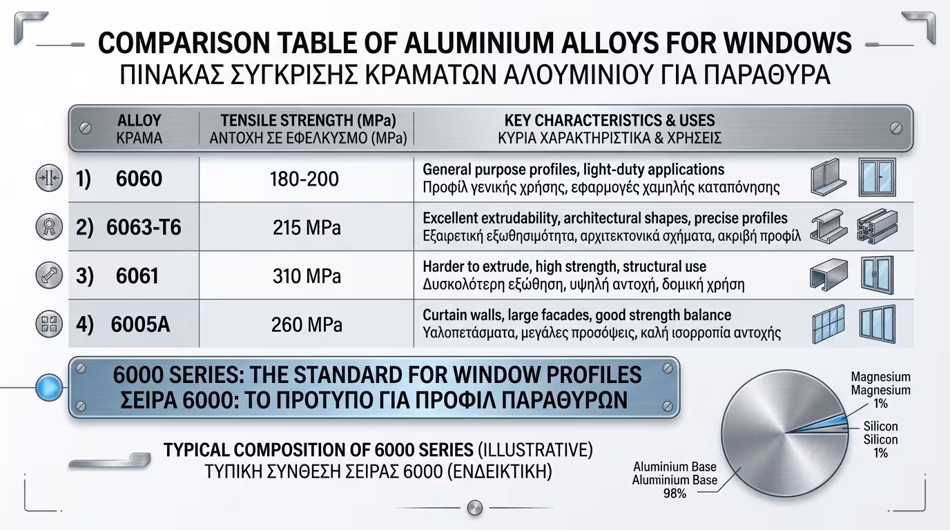 Κράματα αλουμινίου 6060 / 6063 - σύσταση με μαγνήσιο και πυρίτιο