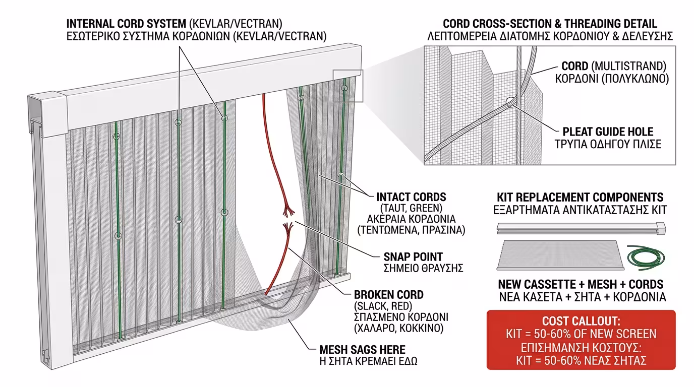 Κομμένο κορδόνι Kevlar σε σίτα πλισέ - χαλαρό πανί