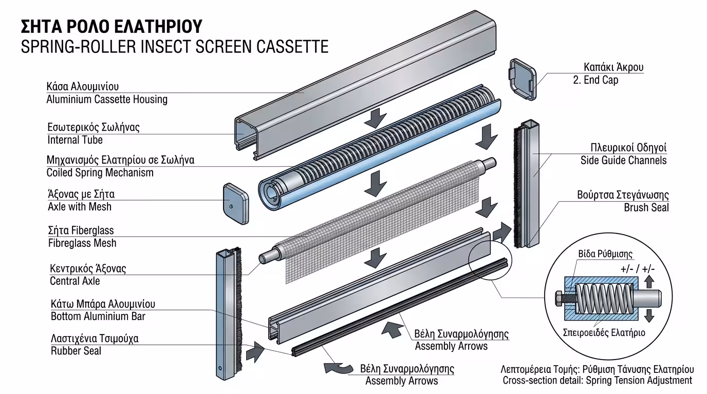 Σίτα ρολό ελατηρίου - κάθετη κίνηση σε αλουμινένιο παράθυρο