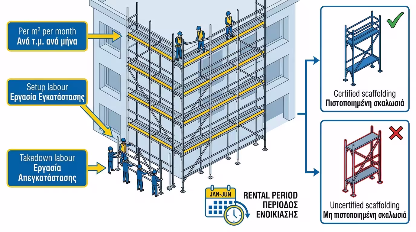 Μεταλλική σκαλωσιά σε εξωτερική όψη πολυκατοικίας
