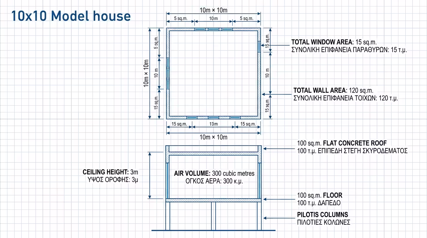Σκαρίφημα Μοντέλου 10x10 - κάτοψη και τομή σπιτιού 100 τ.μ.