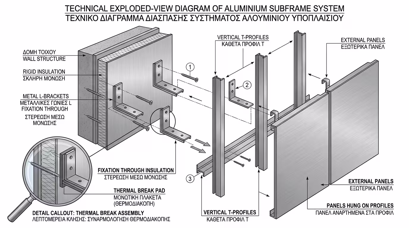 Σκελετός αλουμινίου - πρόβολοι και κατακόρυφα προφίλ σε κτίριο