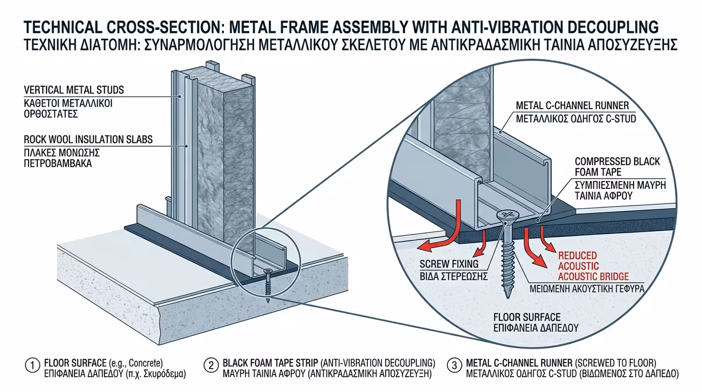 Μεταλλικός σκελετός με αντικραδασμική ταινία αποσύζευξης κάτω από τους οδηγούς