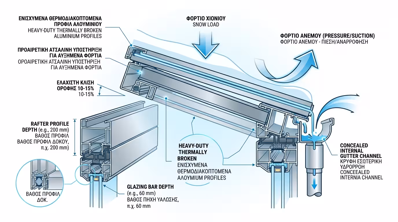 Σκελετός γυάλινης οροφής αίθριου - θερμοδιακοπτόμενο αλουμίνιο, χαλύβδινα υποστυλώματα