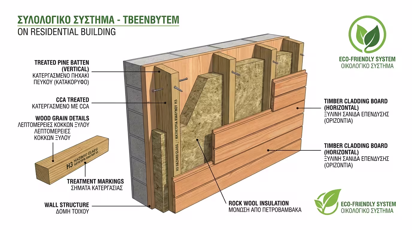 Ξύλινος σκελετός - καδρόνια πεύκου σε μονοκατοικία
