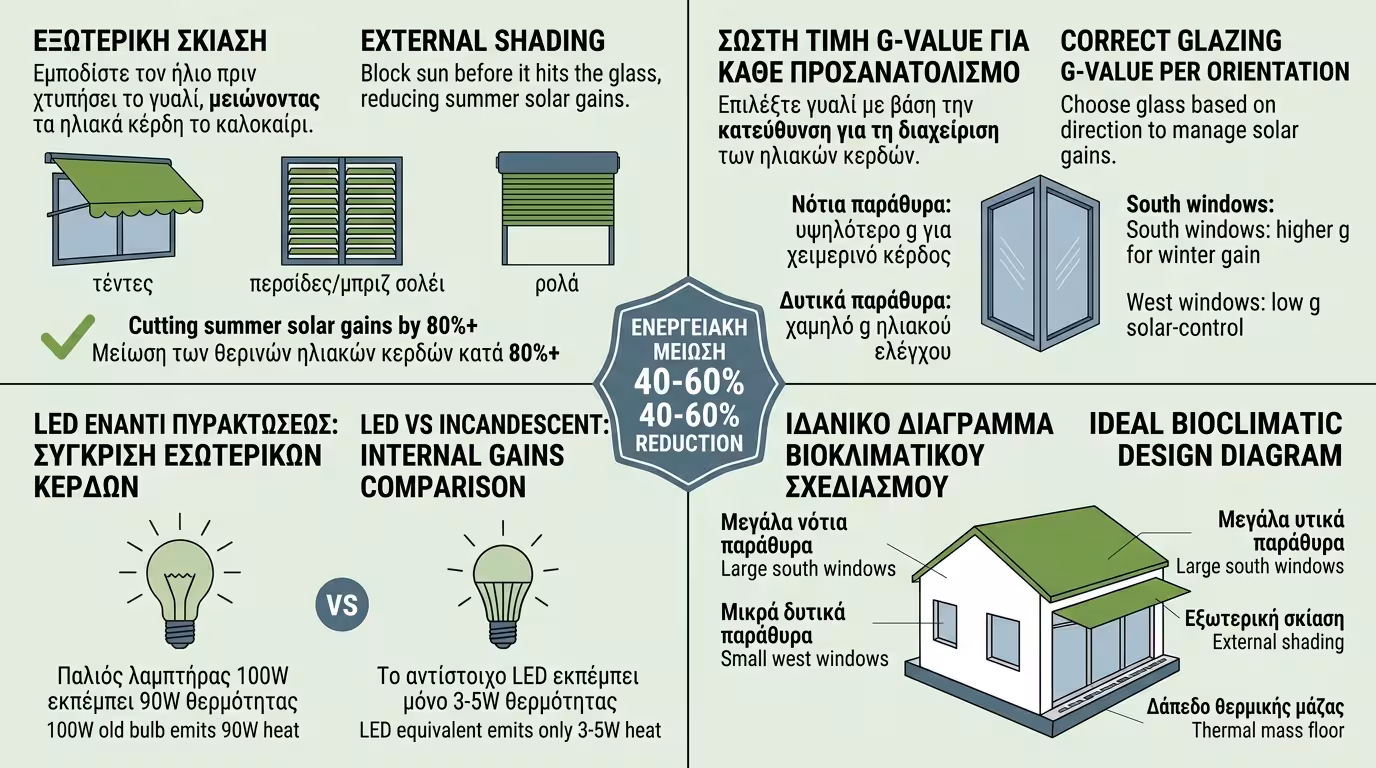 Λύσεις - εξωτερική σκίαση, τέντες, LED φωτισμός, σωστά τζάμια, βιοκλιματικός σχεδιασμός
