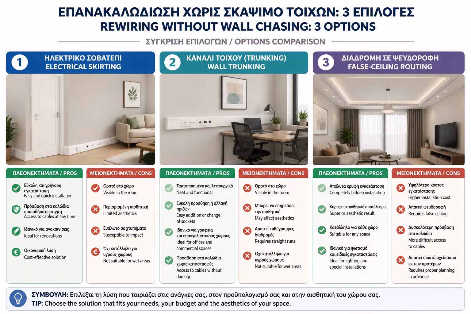 Ηλεκτρολογικό σοβατεπί και ψευδοροφή ως εναλλακτικές