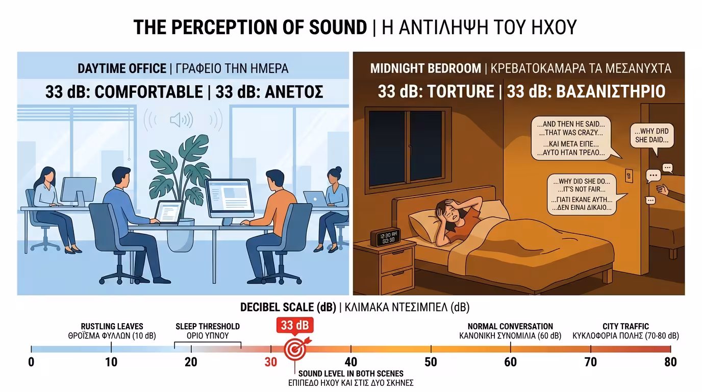 Υπολογισμός θορύβου: 75 dB τηλεόραση − 42 dB τοίχος = 33 dB στο κρεβάτι