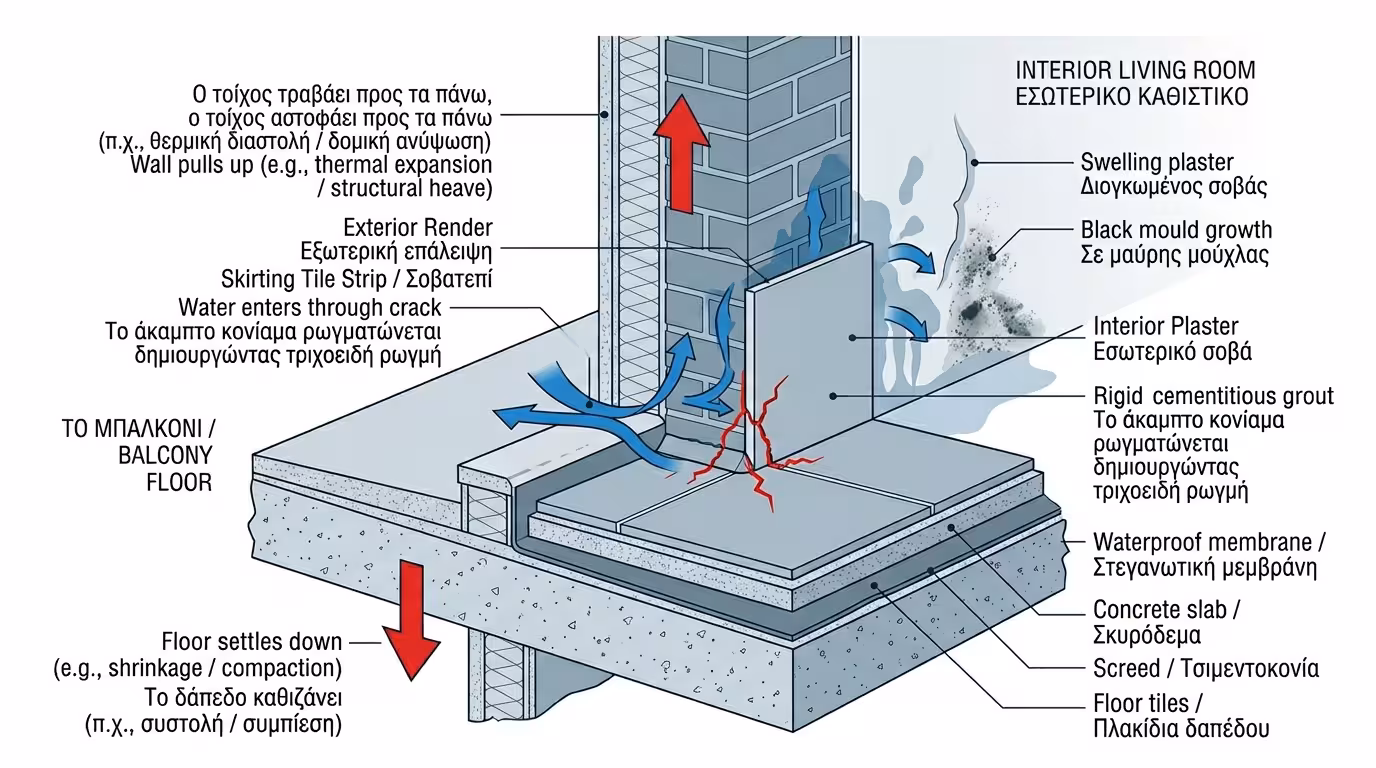 Σκληρός αρμόστοκος στη γωνία σοβατεπί - ρωγμή, εισροή νερού