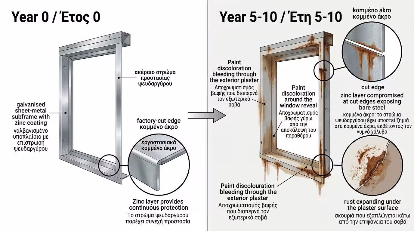 Σκουριασμένη γαλβανιζέ ψευτόκασα με καφέ λεκέδες και σπασμένο σοβά γύρω από παράθυρο