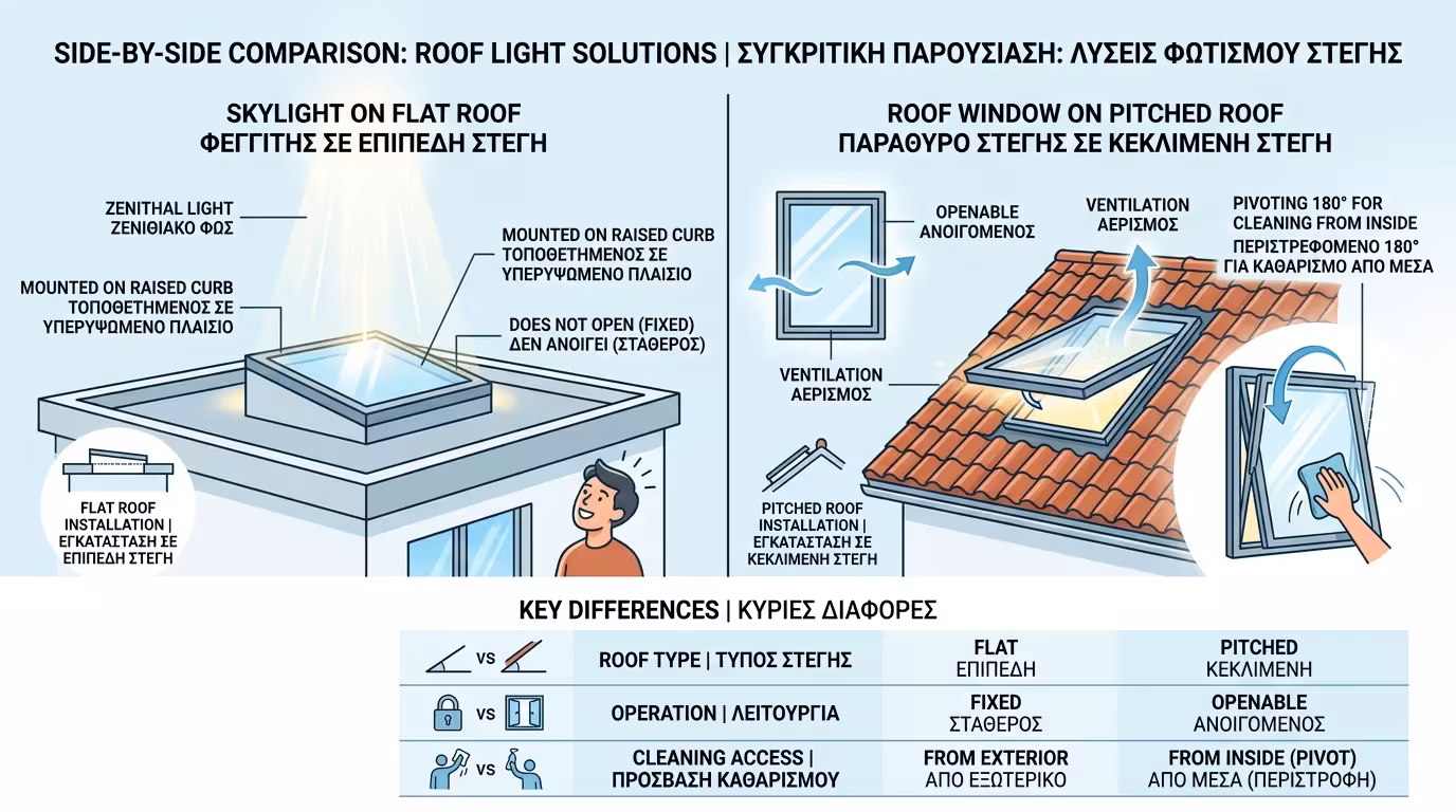 Σύγκριση Skylight (φεγγίτης σε ταράτσα) vs Παράθυρο Στέγης (roof window σε κεραμοσκεπή)