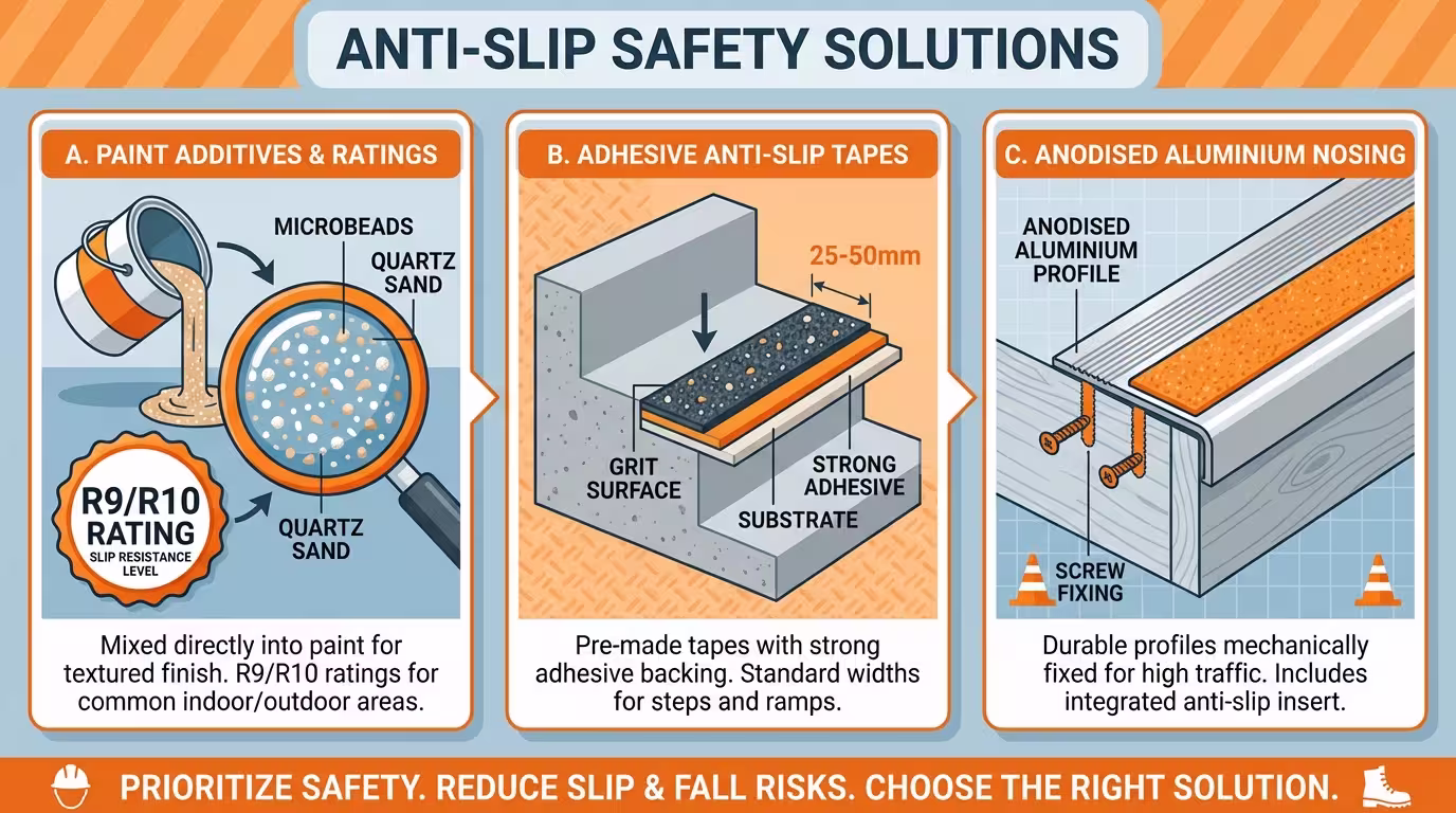 Ινφογκράφικ: Αντιολισθητικά πρόσθετα (μικροσφαιρίδια, χαλαζιακή άμμος) και αυτοκόλλητες ταινίες ασφαλείας.