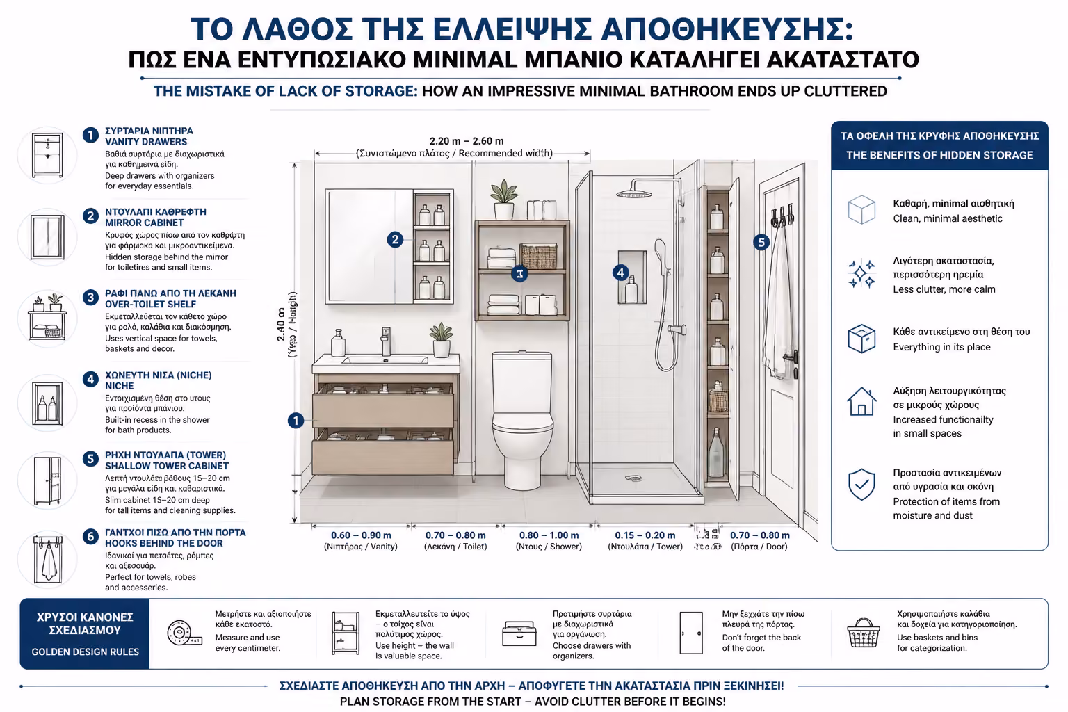 Εικονογράφηση για κρυφές ζώνες αποθήκευσης σε μικρό μπάνιο