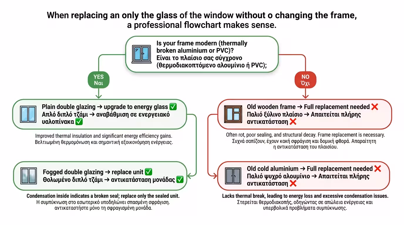 Αντικατάσταση απλών διπλών τζαμιών με ενεργειακά σε σύγχρονο θερμοδιακοπτόμενο κούφωμα