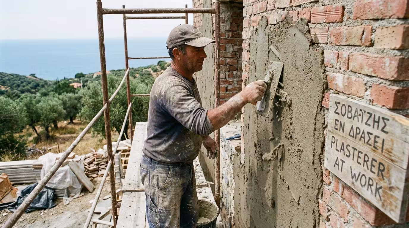 Σοβατζής εφαρμόζει σοβά με μυστρί σε τοίχο
