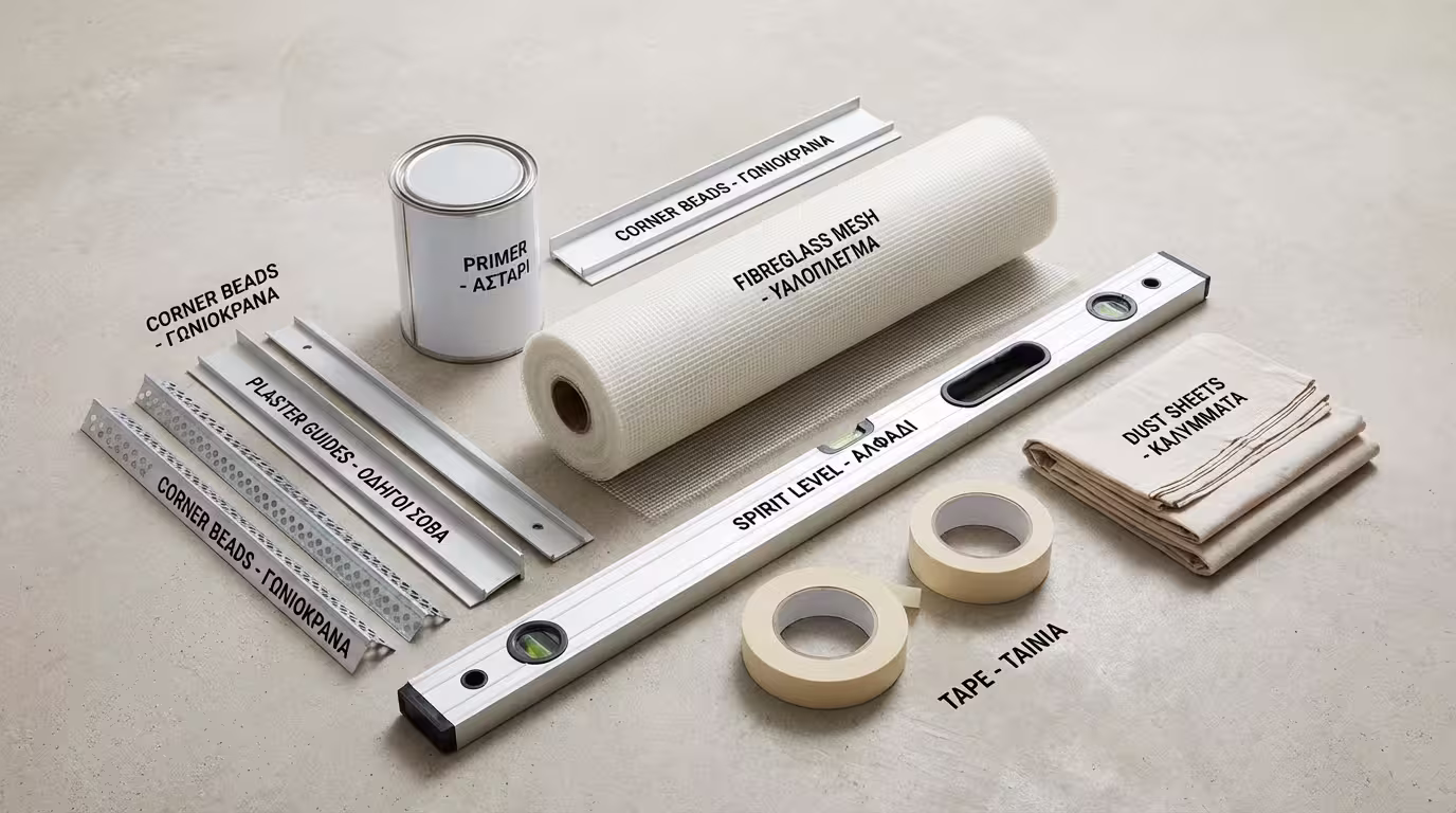 Υλικά προετοιμασίας: αστάρι, πλέγμα, γωνιόκρανα, οδηγοί