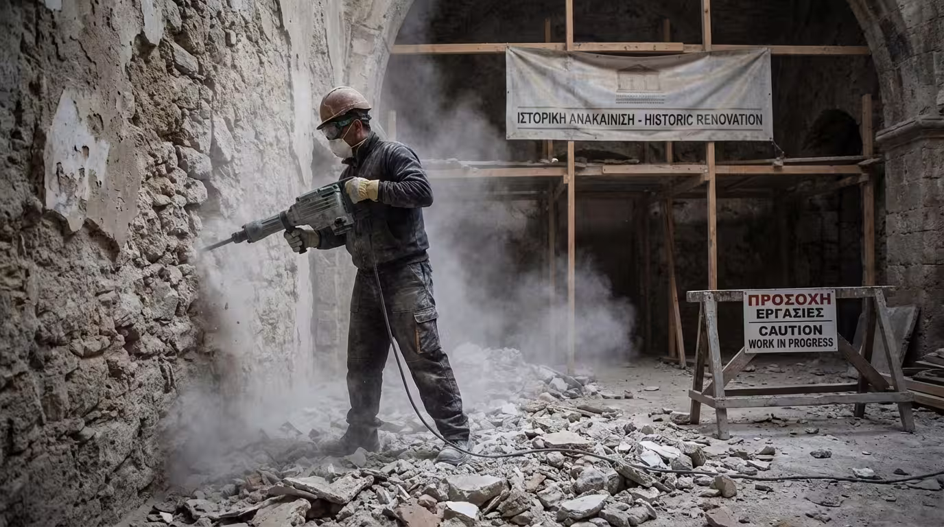 Καθαίρεση παλιού σοβά από πέτρινο τοίχο