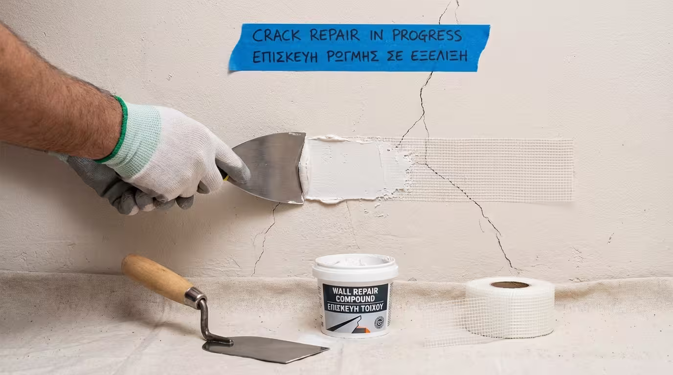 Επισκευή ρωγμής σοβά με σπάτουλα και πλέγμα